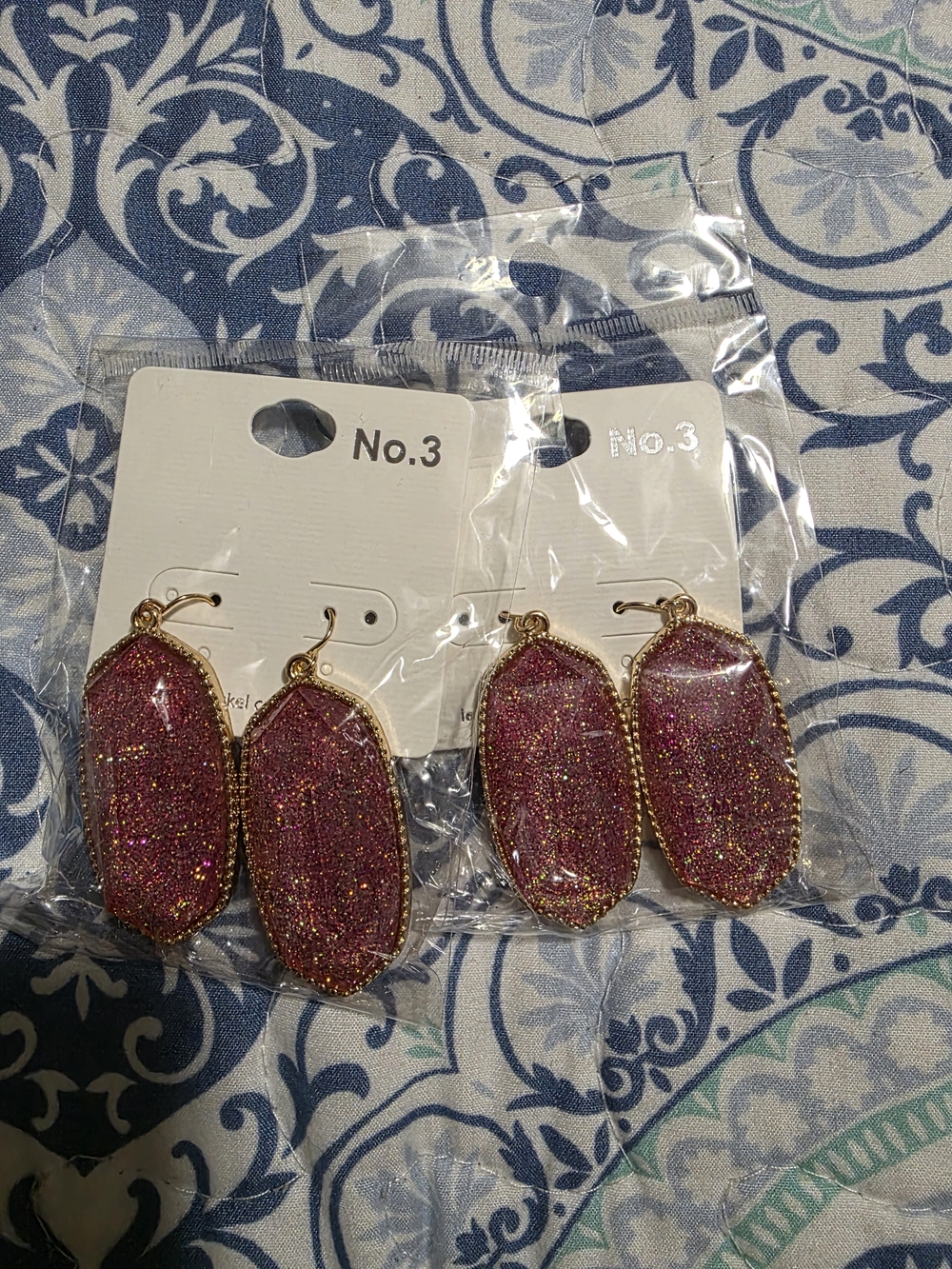 Gold-Trim Pink Glitter Drop Earrings 1 Pair